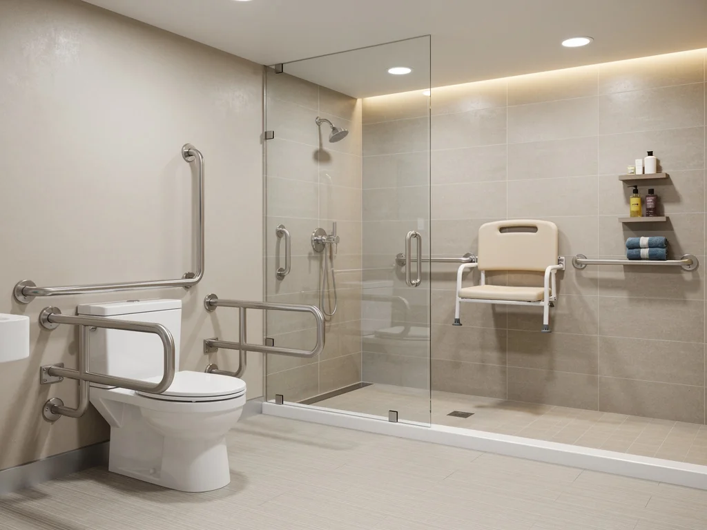 Salle de bain senior équipée de barres d'appui en inox et d'un siège de douche rabattable