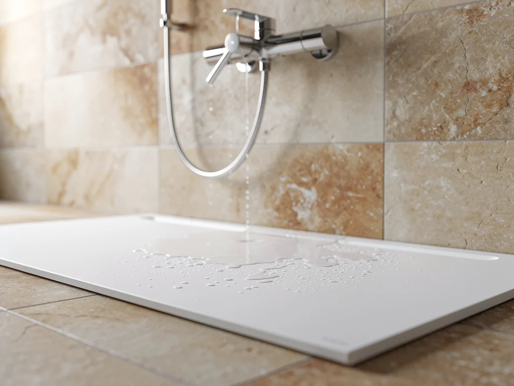 Receveur extra-plat avec mitigeur thermostatique et douchette montée sur barre coulissante