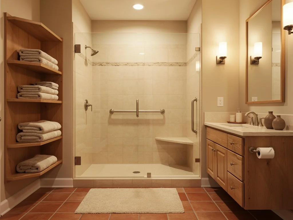 Salle de bain rénovée aux tons chaleureux avec douche ouverte facile d'accès